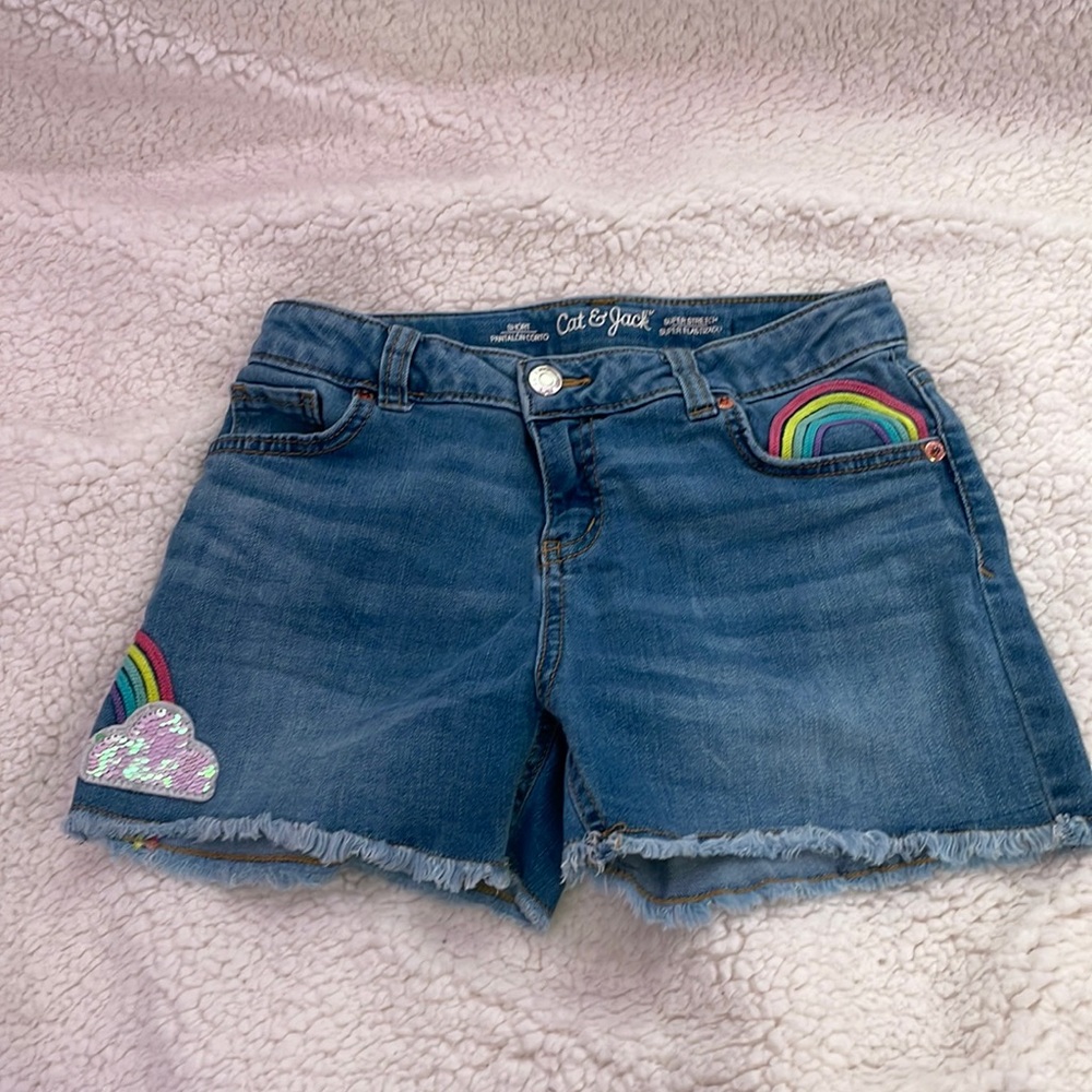 Cat & Jack Blue Denim Shorts with Rainbow & Cloud Patches